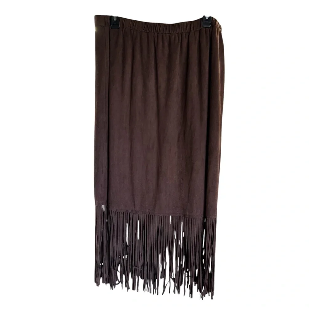 Reba Brown Suede Faux Wrap Skirt With Fringe - Size - XL - Picture 2 of 4